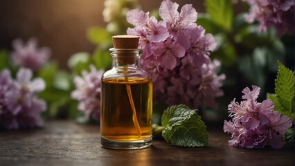 Obraz na płótnie Canvas patchouli flower background with aroma therapy massage essential oil bottle from Generative AI