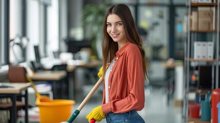 Young woman with broom and dustpan cleaning in office - obrazy, fototapety, plakaty