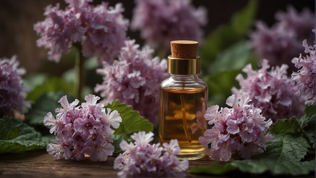 patchouli flower background with aroma therapy massage essential oil bottle from Generative AI