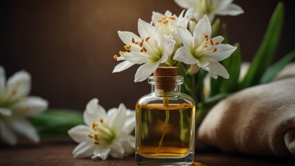 Obraz na płótnie Canvas tuberose flower background with aroma therapy massage essential oil bottle from Generative AI