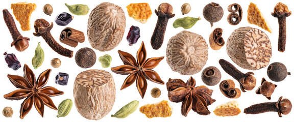 Spices for mulled wine isolated on a white background. Collection of spices with with clipping path. Allspice, cardamom, anise, cloves, barberry, dry orange peel, nutmeg and cinnamon.