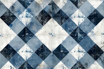 Vintage patchwork pattern with blue, white, and gray checkered, chessboard, and diamond shapes, seamless wallpaper texture