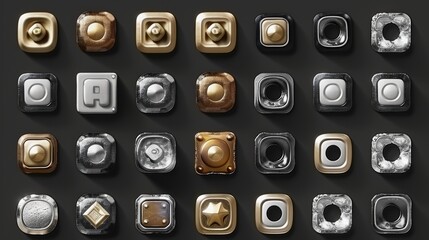 Isolated art deco buttons on a black background. Bronze, gold, silver metal luxury UI frames with sophisticated decoration. Medieval style border. Sprite sheet.