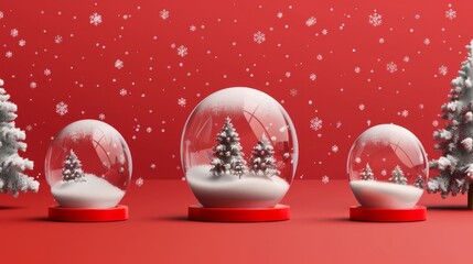 Christmas snow globes. A collection of 3D Christmas snow globes on transparent backgrounds. Crystal balls with clear glass domes and red bases. A perfect Xmas gift or souvenir. - obrazy, fototapety, plakaty