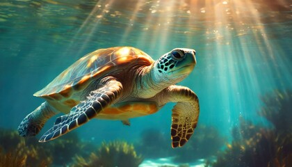 Fototapeta premium Enchanting underwater scene with a playful turtle