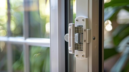 Naklejka premium Detailed view of an inspired, child-safe latch on a window, featuring cutting-edge design ideas for baby-proofing with style and security