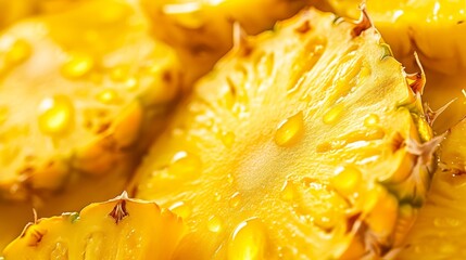 Tasty pineapple slices with water drops as a background.