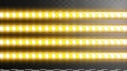 Modern fluorescent led light bar isolated on transparent background with neon tube lamp in yellow and white. Night realistic electric stripe casino illumination graphic pack with neon tube lamp. - obrazy, fototapety, plakaty