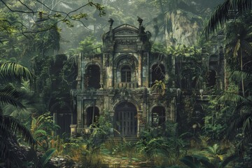 Abandoned Palace in Jungle, Vintage Painting, Ruined Hotel in Deep Forest