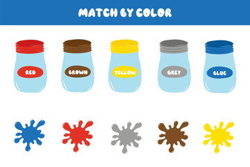 Educational children's game. Puzzle for children. Match by color. Find pairs of paint cans and blots. Studying color. Educational cards for children