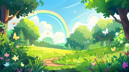 Summer park with green plants, butterflies, paths, fields, and rainbow in the sky. Modern cartoon illustration of spring forest with trees, grass and flowers.