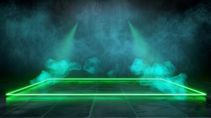 A green laser beam effect isolated on a transparent background. A neon line abstract design symbolizing a laser show with sparkles and smoke. Led broadway entertainment illustration. - obrazy, fototapety, plakaty