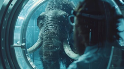 Scientist Resurrect Mammoth, Mammoth Revival in Modern Science Lab, A woolly mammoth is resurrected in a futuristic scientific laboratory setting, sparking curiosity and amazement. - obrazy, fototapety, plakaty