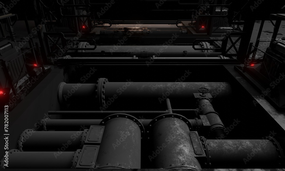 Wall mural View of steel pipe under floor general base of operations in dark scene 3d render sci-fi wallpaper background