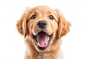 Close-up of an overjoyed golden retriever puppy with a beaming smile and bright eyes, isolated on white.