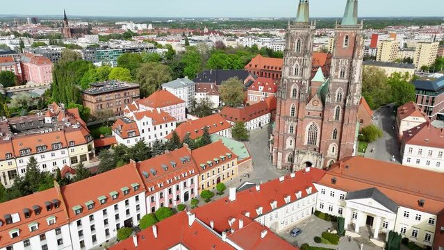Aerial view of the Wrocław Cathedral (Cathedral of St. John the Baptist, Polish: Archikatedra św. Jana Chrzciciela) and nearby buildings