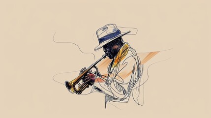 Monochromatic Grace: Jazz Trumpeter Captured in Pencil Strokes and Swirling Notes