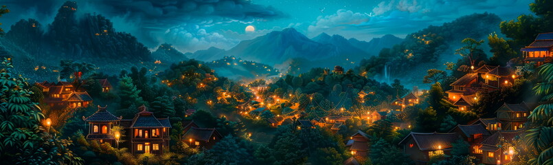 mystical villages illuminated by the soft glow of moonlight - obrazy, fototapety, plakaty