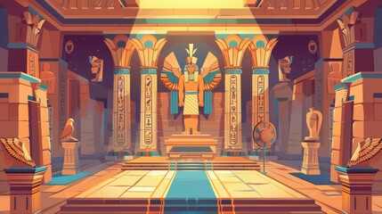 Cartoon illustration of a tomb of the pharaoh in ancient Egypt with golden sarcophagus, hieroglyphs and murals, scarab beetles, and ritual vases. - obrazy, fototapety, plakaty