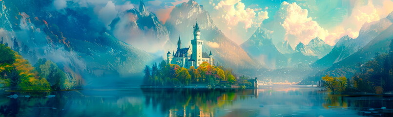 mystical castle nestled amidst rolling hills and shimmering lakes, soft washes of enchanted watercolors. - obrazy, fototapety, plakaty