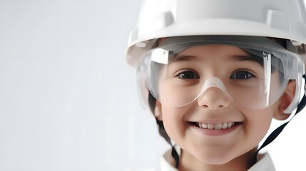 Cute kid builder concept. Children's creativity engineering education. Boy workshop isolated on white background. Close up on face.