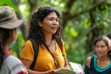 Latinx Environmental Educator Engaging with Audience Outdoors