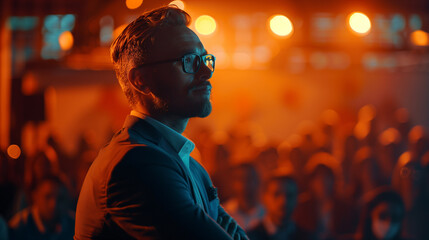 A charismatic speaker at a live event, connecting with the audience with a captivating presence under warm stage lighting.