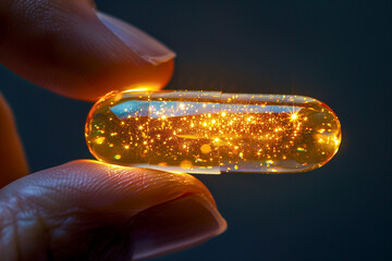 One golden transparent pill in hand - 782007979