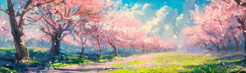 Obraz na płótnie Canvas nature's awakening with striking oil paintings of Easter Monday backgrounds showcasing blooming cherry blossoms and fresh greenery.