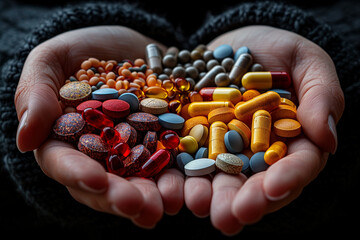 Multi-colored pills in the palms - 782008114