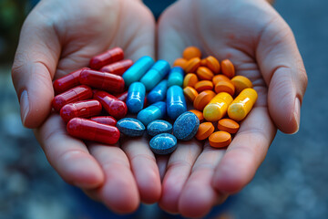Multi-colored pills in the palms - 782008125