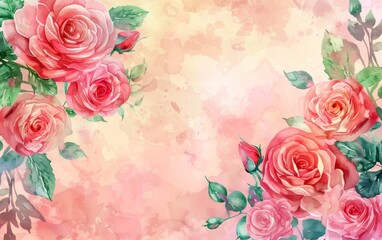 A watercolor painting of a pink rose bouquet with a pink background