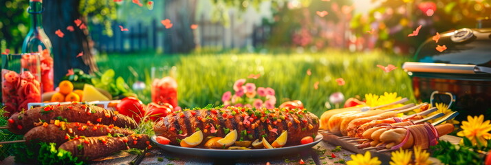 Backyard barbecue with colorful dishes, against a backdrop of lush green lawns and blooming flowers.