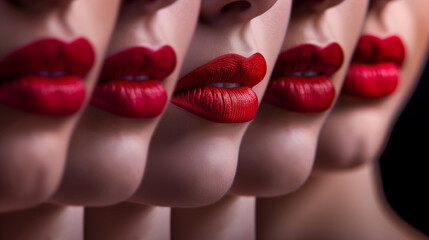 Obraz premium A group of women with red lips are lined up. Concept of unity and togetherness among the women. different shadows of the red colour aplied on one lips. Close up
