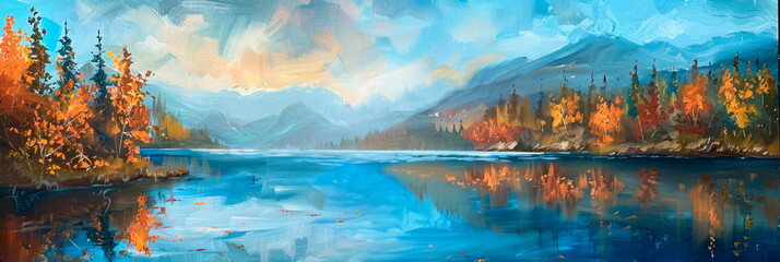 serene lakeside scene, captured in vibrant colors and thick layers of oil paint.