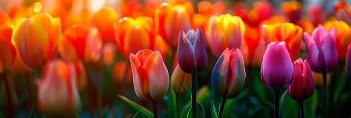 Fotobehang A field of vibrant tulips in various shades and colors, creating a stunning display of nature's beauty and elegance. © Maximusdn