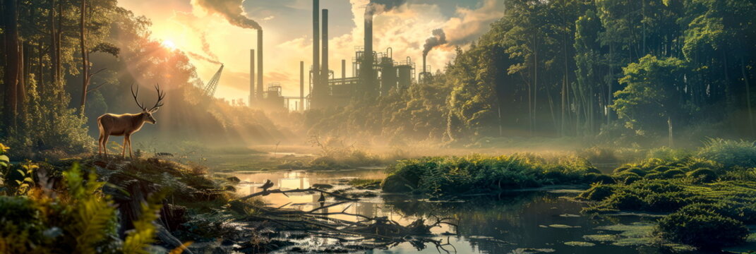 struggle of wildlife living in close proximity to industrial zones, highlighting the challenges of coexistence