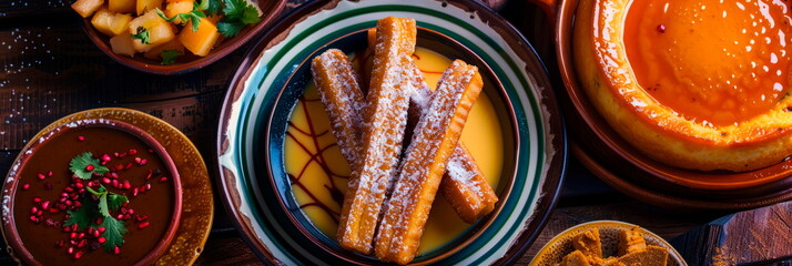 Mexican desserts, including churros, flan, and tres leches cake. - obrazy, fototapety, plakaty