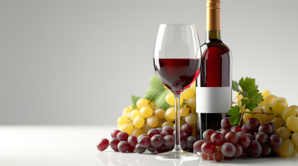 A bottle of wine and a wine glass with a bunch of grapes on a table. A fresh glass of white and red wine with a winebottle beside on a clear white background