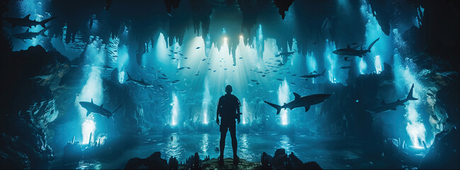 Lone diver amidst the majestic underwater cavern illuminated by bioluminescent light. A diver stands in awe within a stunning, bioluminescent-lit underwater cave as sharks swim by - obrazy, fototapety, plakaty