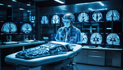 Doctor standing in operating room and picture of human brain examination results, Generative ai