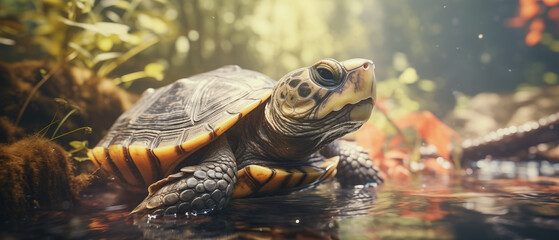 Serene turtle beneath rippling waters. A gentle turtle gracefully navigates the tranquil depths of a rippling pond, its shell shining in the sunlight filtering through the water - obrazy, fototapety, plakaty