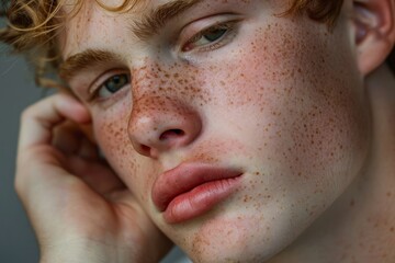 A thoughtful guy with freckles looks into the frame.