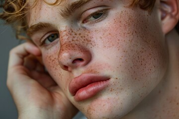 Fototapeta premium A thoughtful guy with freckles looks into the frame.
