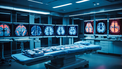 The blue bed operating room is filled with images of human brain examination results, Generative ai