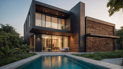 Fototapeta premium Modern style two-storey luxury house with private swimming pool, Generative ai