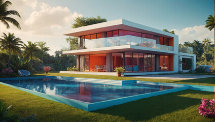 Fototapeta na wymiar Modern style two-storey luxury house with private swimming pool, Generative ai