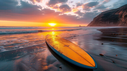 Sunset on the beach with surfboards lying on the beach - Powered by Adobe