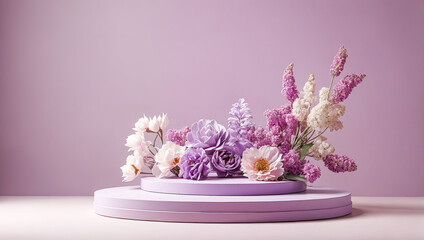 Pastel purple podium background and flower, Stand for product, Generative ai