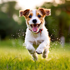Joyous Pup: Playful Dog Running and Jumping in the Grass